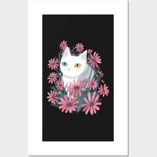 Cute white cat with flowers Posters and Art